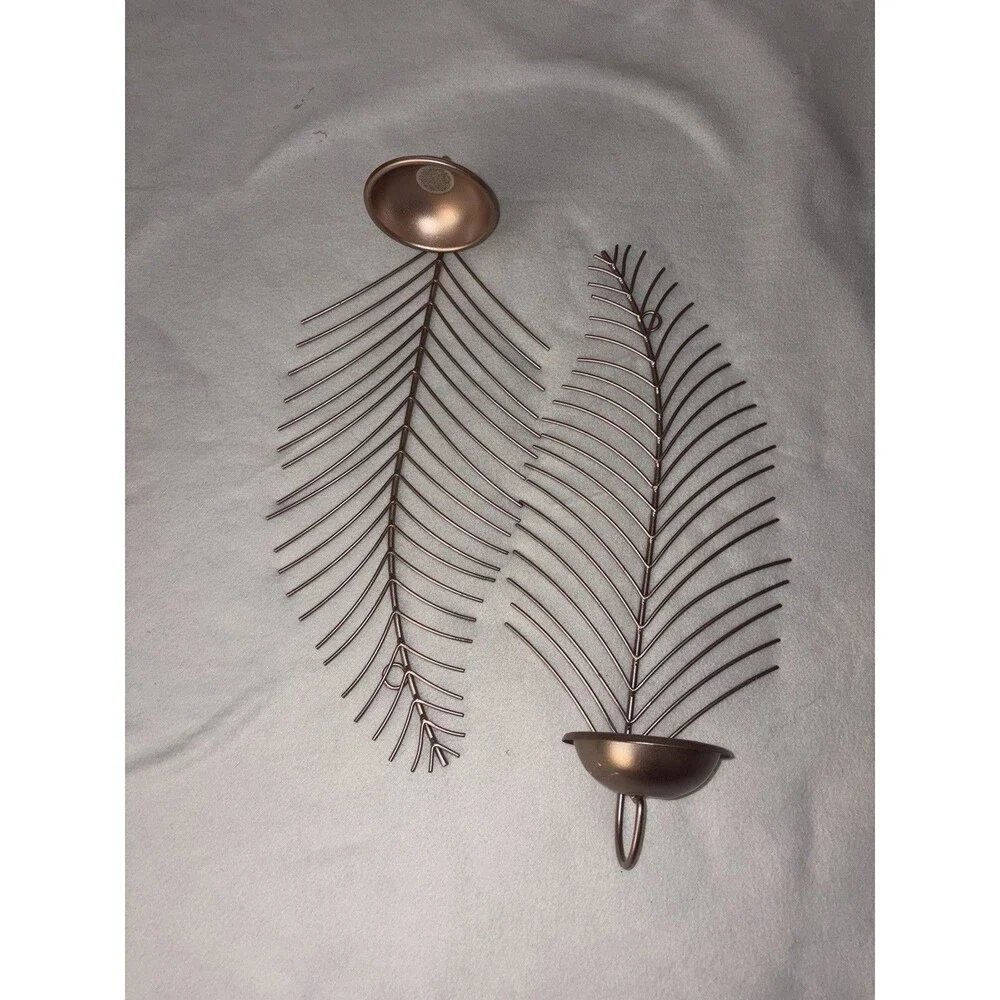 Set of 2 Metal Palm Leaf Wall Sconces Candle Holders Rose Gold 19” Boho